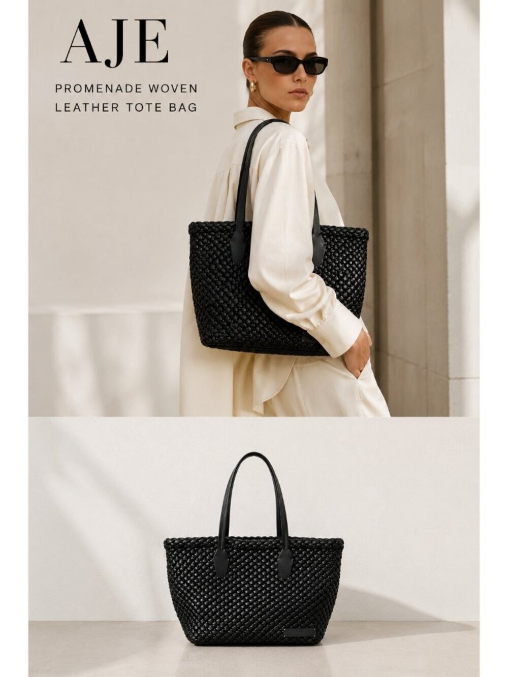 Aje Promenade Woven Leather Tote Bag Black Large Handbag Shopper Italy